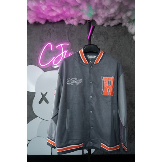 Varsity Jacket Da Lộn Phối Tay Da Pu