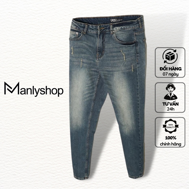 Quần jean nam chính hãng MANLY form slimfit màu xám, Quần bò nam cao cấp xước L6051