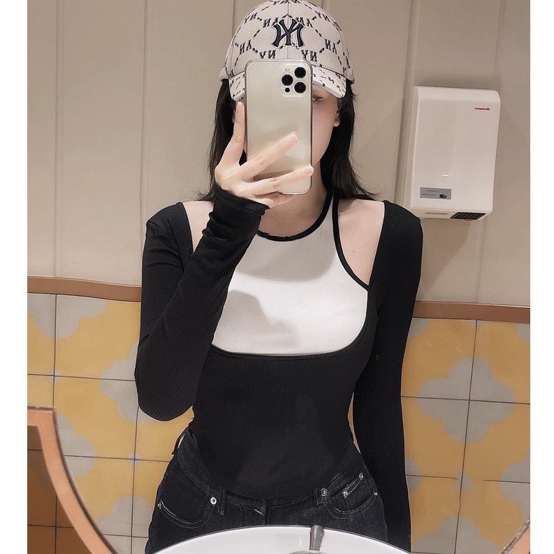 Áo kiểu nữ dài tay vạt bầu phối yếm siêu xinh- Ringu shop