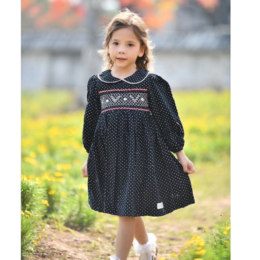 Váy Đầm Bé Gái SMOCK CÔ NẮNG Nhung Tăm Xanh Than Chấm Bi Dài Tay Thêu Chỉ Trắng