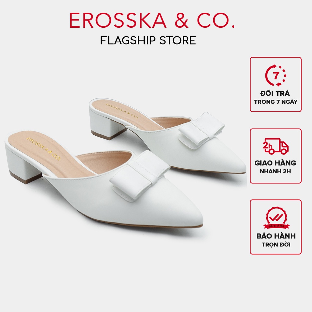Erosska - Dép sục nữ mũi nhọn phối nơ cách điệu cao 4cm màu trắng _ EH033