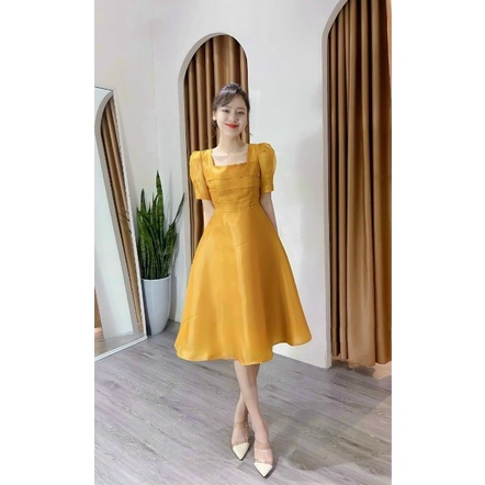 Váy đầm dự tiệc công chúa màu vàng cổ vuông tay lỡ dáng xòe có bigsize Linhnastore