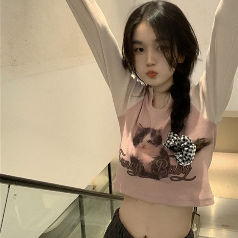 IELGY  IELGY Áo Thun Tay Dài Dáng Ôm In Hình Mèo Phong Cách Mỹ Cổ Điển Thời Trang Cho Nữ