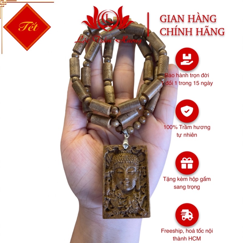 Dây đeo cổ trầm hương tốc tự nhiên kèm mặt phật adida phong thuỷ bình an
