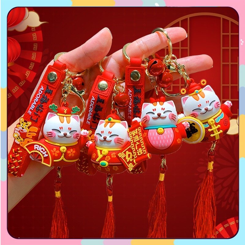 Móc khóa Mèo Thần Tài có dây tua rua dễ thương may mắn tài lộc móc treo chìa khoá xe máy hình mèo mừng năm mới