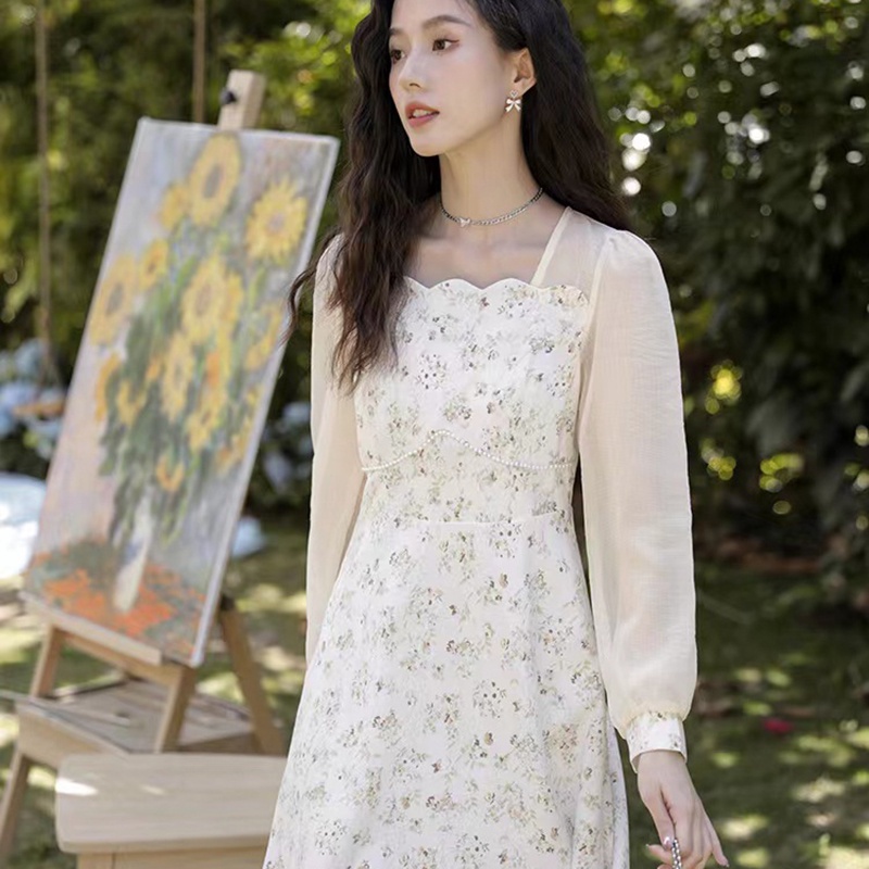 IELGY  Đầm Hoa Ghép Nối Phong Cách Pháp Cổ Điển Thời Trang Cho Nữ