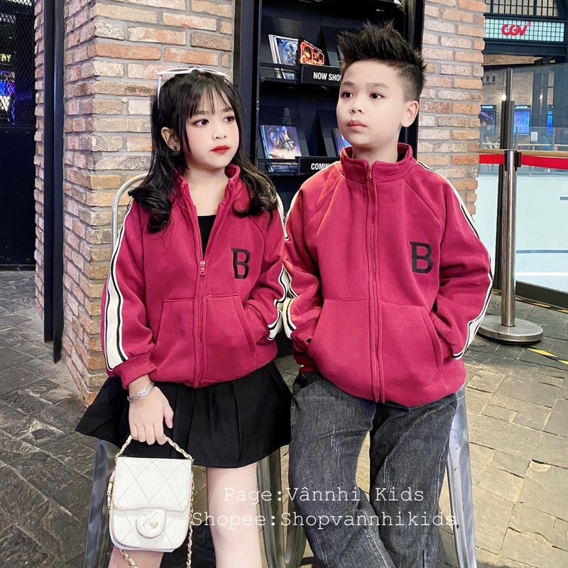 Áo khoác nỉ thêu B cho bé Trai và Gái size đại 16kg-41kg