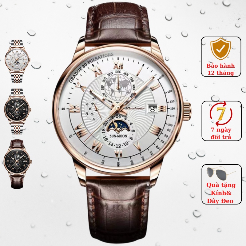 Đồng Hồ Nam Dây Da Đẹp Chính Hãng TAWA POEDAGAR P908 Cao Cấp Chống Nước Độ Sâu 30M