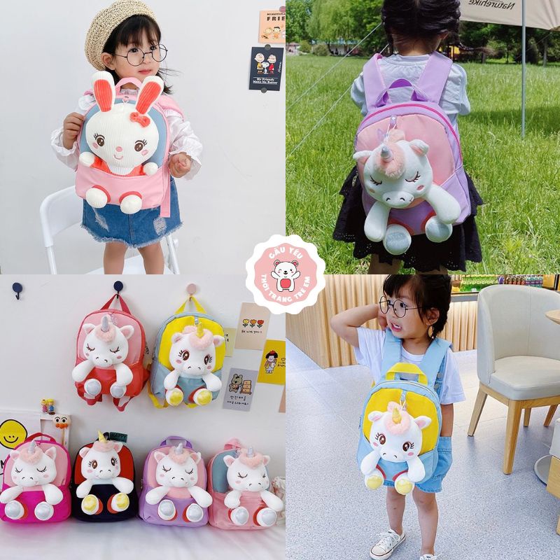 Balo mầm non dễ thương cho bé trai, bé gái kèm gấu bông thỏ tím, ngựa pony đáng yêu siêu hot GAUYEUSHOP