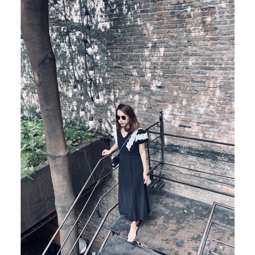 (HÌNH THẬT) Váy dài chít-eo phối ren cao cấp. Đầm dài tôn dáng, cổ V và hở lưng cách điệu