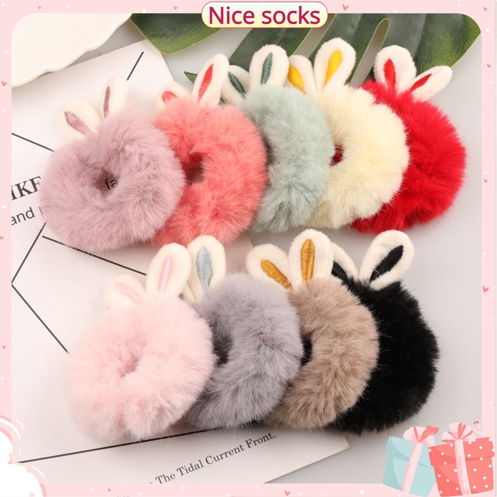 Dây Buộc Tóc Lông Cừu Dễ Thương, Dây Cột Tóc Lông xù Tai Thỏ Phong Cách Hàn Quốc