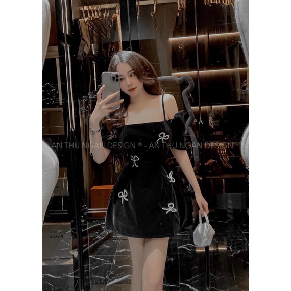 Bigsize Đầm nhung trễ vai đính nơ 55-95kg