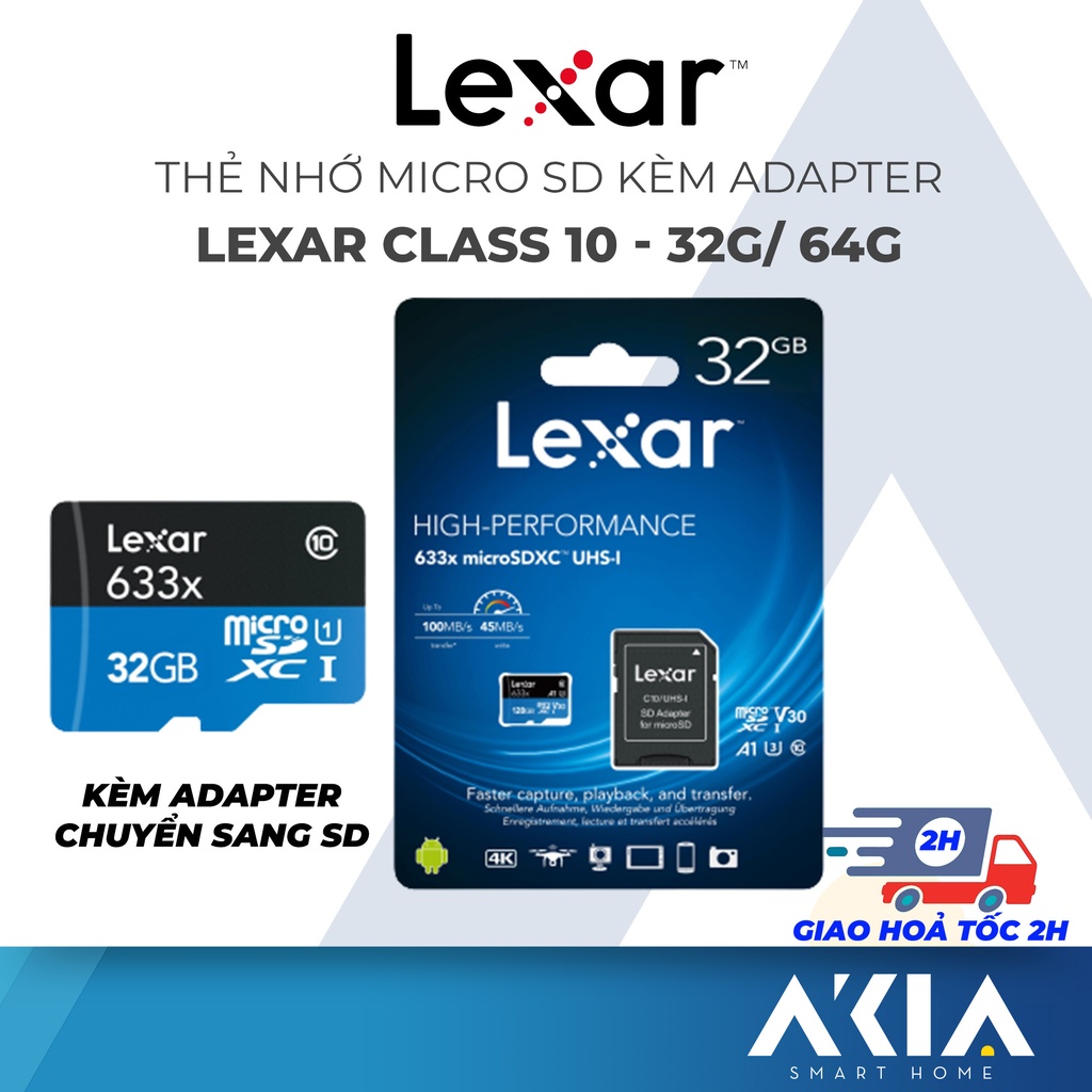 Thẻ nhớ MicroSD Lexar 32GB 64GB class 10 UHS-I - tốc độ100MB s, kèm Adapter