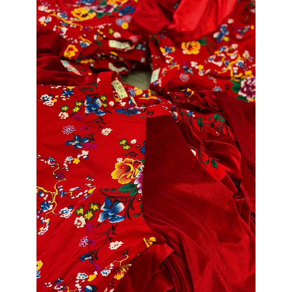 Set áo dài nhung chăn con công hoa đỏ SET125