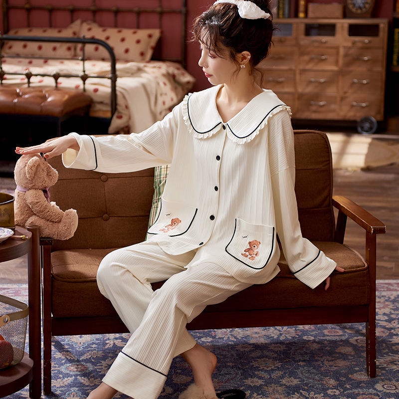 Bộ Đồ Ngủ Pijama Tiểu Thư Tay Dài Quần Dài Phối Bèo Chất Đũi Gân Cao Cấp Có Size,Đồ Bộ Nữ Mặc Nhà Giá Rẻ