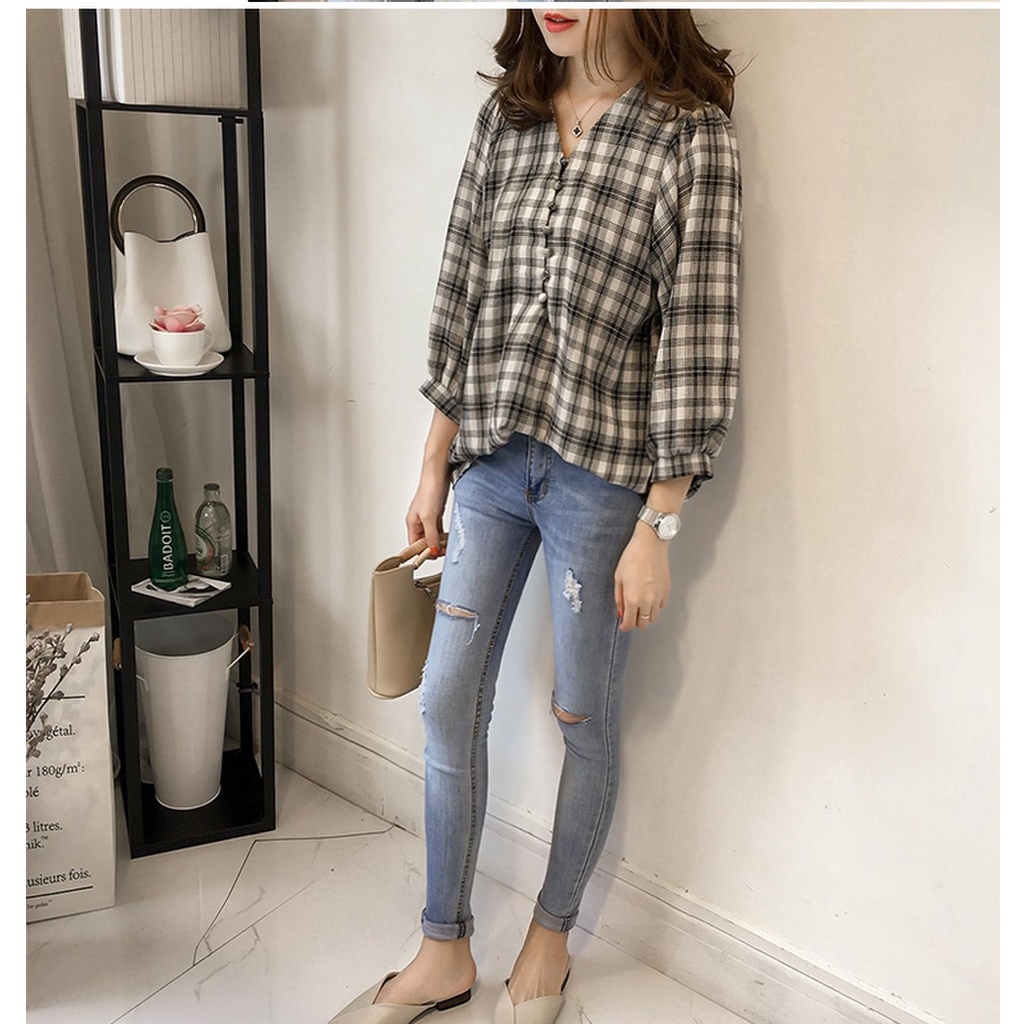Áo kiểu nữ babydoll, Áo sơ mi kiểu nữ tay lỡ kẻ caro xinh