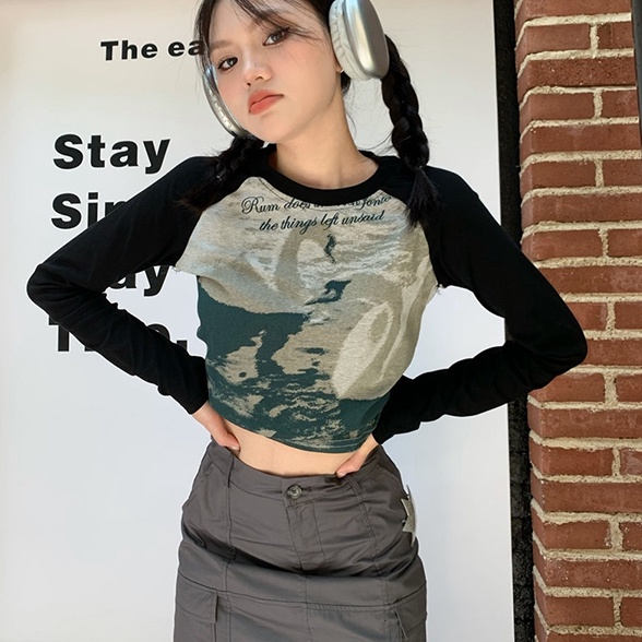 Áo thun croptop SUXI tay dài cổ tròn thời trang mùa thu quyến rũ cho nữ