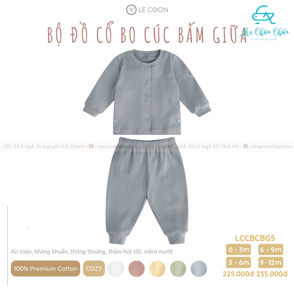 Le Coon Bộ Quần Áo Cổ Bo Cúc Bấm Giữa Vải Cozy Lecoon (Size 0-3 Tháng đến 9-12 Tháng)