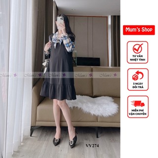  ĐẦM BẦU CÔNG SỞ MUM'S SHOP 🚛 FREESHIP 🚛 Váy bầu xinh Voan đen pha kẻ xanh 