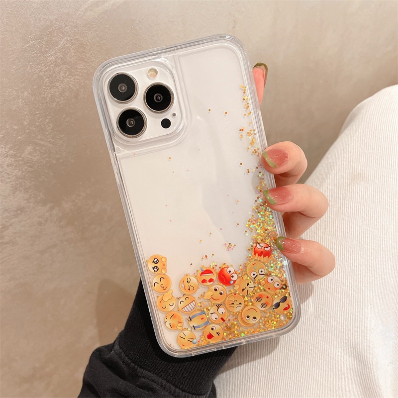 Ốp Điện Thoại Kim Tuyến Nước Cứng Chống Sốc Hình Biểu Tượng Cảm Xúc Cho iPhone 14 13 12 11 Pro MAX X XR XS MAX 7 8 Plus + SE 2020