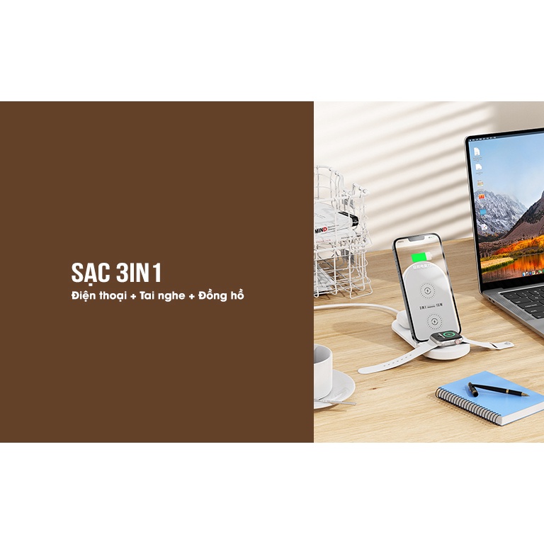 CHÍNH HÃNG Đế sạc không dây kèm giá đỡ 3 in 1 RP-W57 15W chip sạc thông minh hỗ trợ sạc điện thoại tai nghe đồng hồ