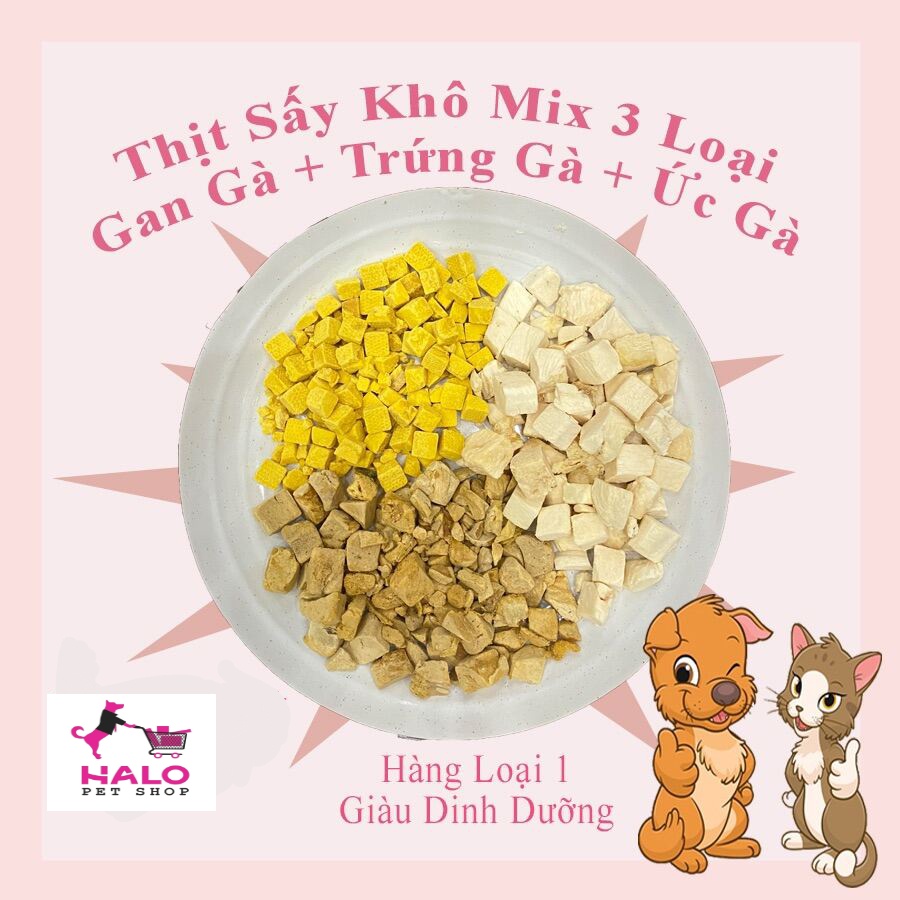 Hộp Thịt Sấy Khô 3 Loại Gan Gà, Trứng Gà, Ức Gà Viên Cho Chó Mèo-460g