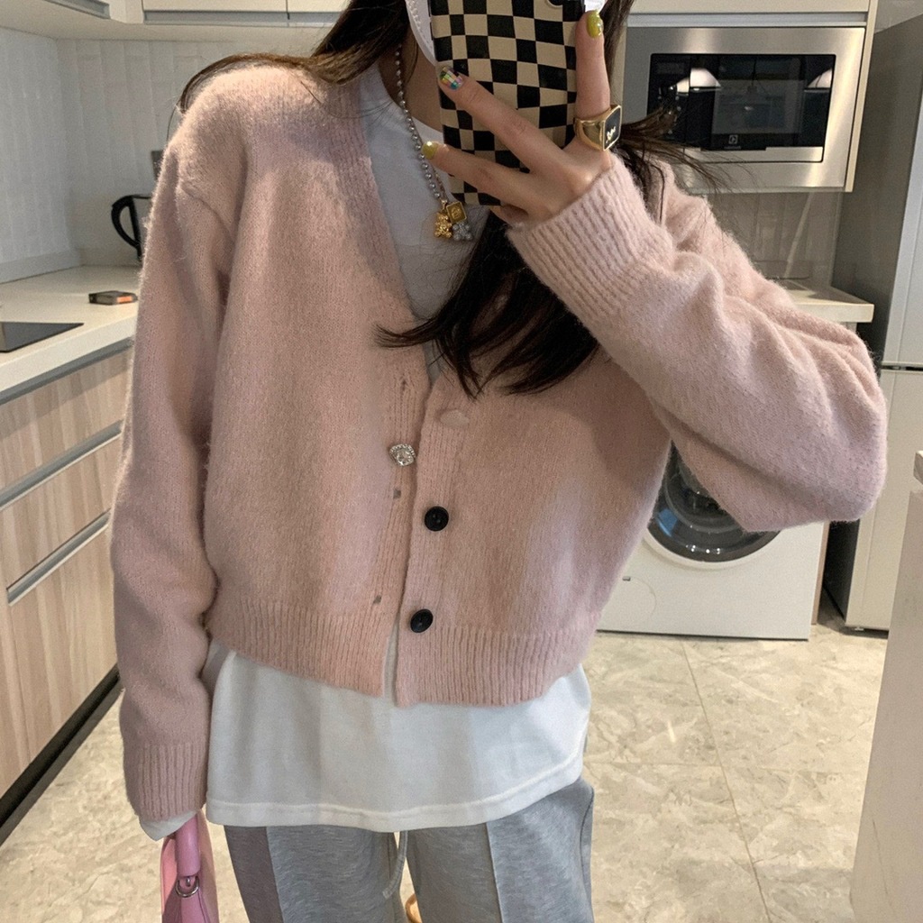 Áo Khoác cardigan Dệt Kim Cổ Chữ V Màu Sắc Ngọt Ngào Cho Nữ