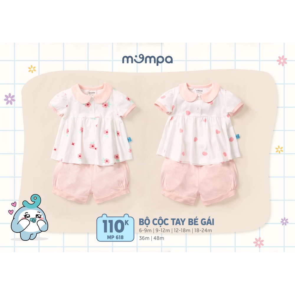 Bộ quần áo cộc tay cho bé gái Mompa 6 tháng - 4 tuổi cúc giữa vải Cotton thoáng mát co giãn thấm hút 618