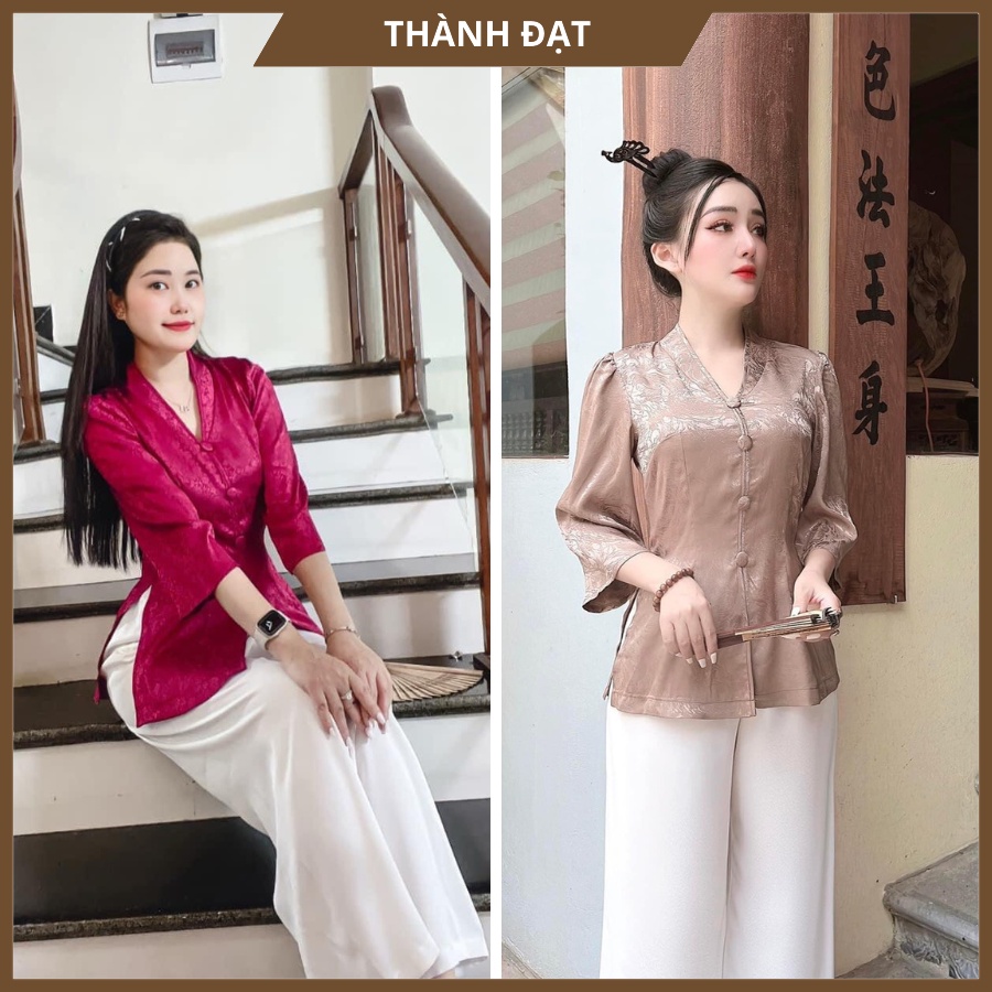 Đồ Lam Đi Chùa Nữ, Bộ Đi Lễ Chùa Cổ V 4 Cúc Lụa Cao Cấp ( gồm quần) Mềm Mịn, Dày Dặn,Mặc Cực Thoải Mái Thoáng Mát