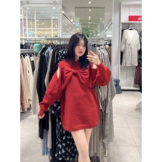 Váy len nơ đỏ khoét vai, đầm mùa đông mặc đi chơi