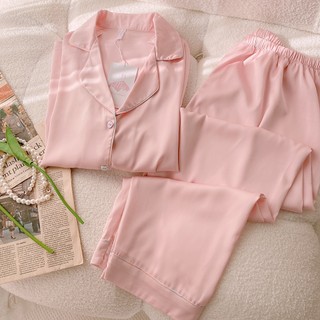 Bộ đồ ngủ pyjama maisleepwear signature v2 lụa mặc nhà áo tay dài quần dài trơn phối viền hologram cao cấp ms1109