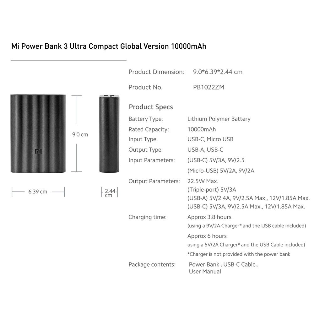 Pin sạc dự phòng Xiaomi 10000 mAh (In/Out Usb Type-C) Công suất 22,5W Gen 3 Ultra Compact Polymer Power Bank 3