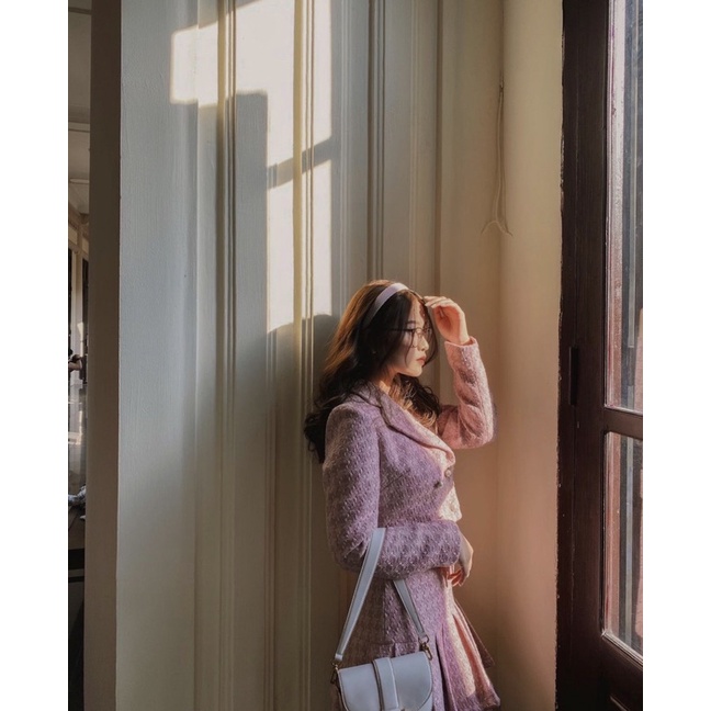 Set vest chân váy tweed hồng Charmante Studio