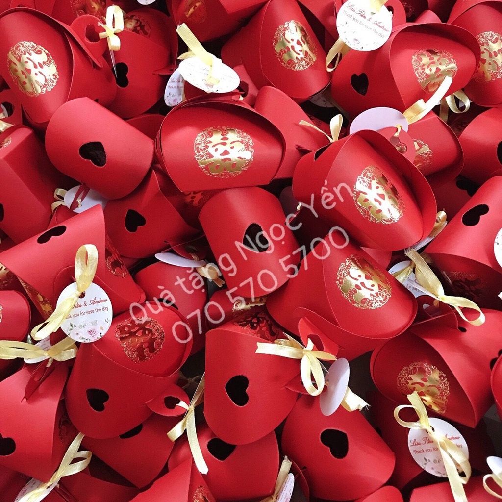 Set 100 hộp hỷ đỏ kèm 2 viên scl + tag, ruy băng ( khách tự gấp)
