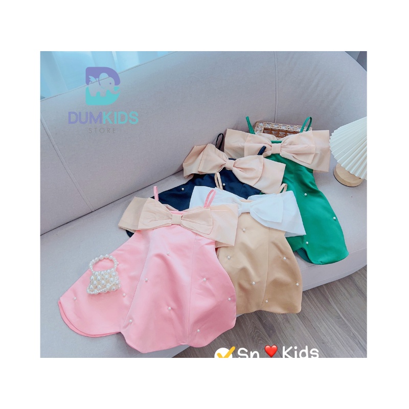 Đầm bé gái,Váy 2 dây trễ vai đính ngọc nơ chất tafta cho bé cực xịn sò 10-30kg