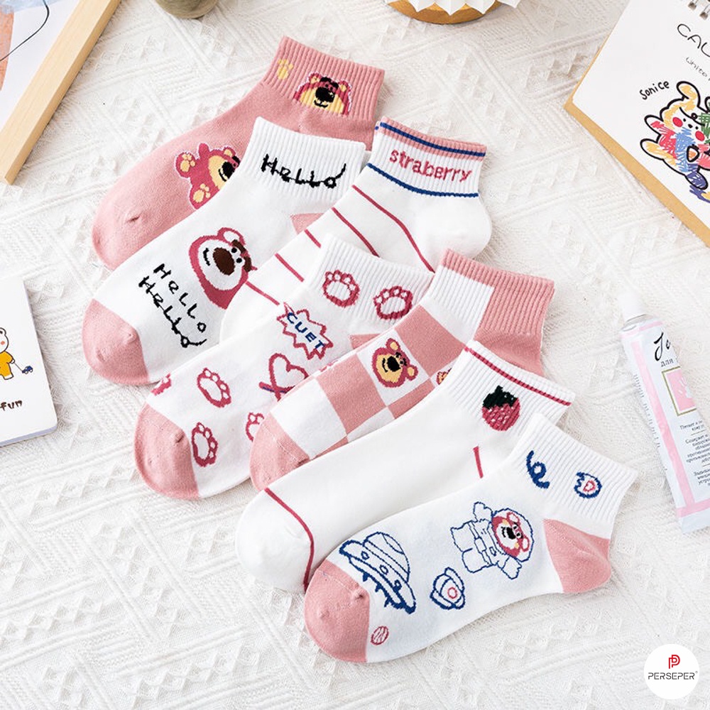 Tất vớ cổ ngắn chất liệu vải Hàn co giãn 4 chiều. sét 5 đôi vớ họa tiết xinh - Sope Shop