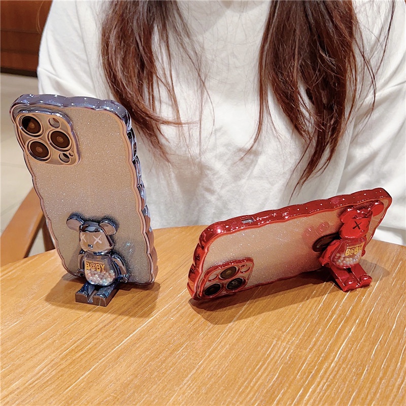 Ốp Điện Thoại Mềm Chống Trượt Có Giá Đỡ Hình Gấu Lấp Lánh Sang Trọng Cho iPhone 14 13 12 11 Pro Max 14 Plus