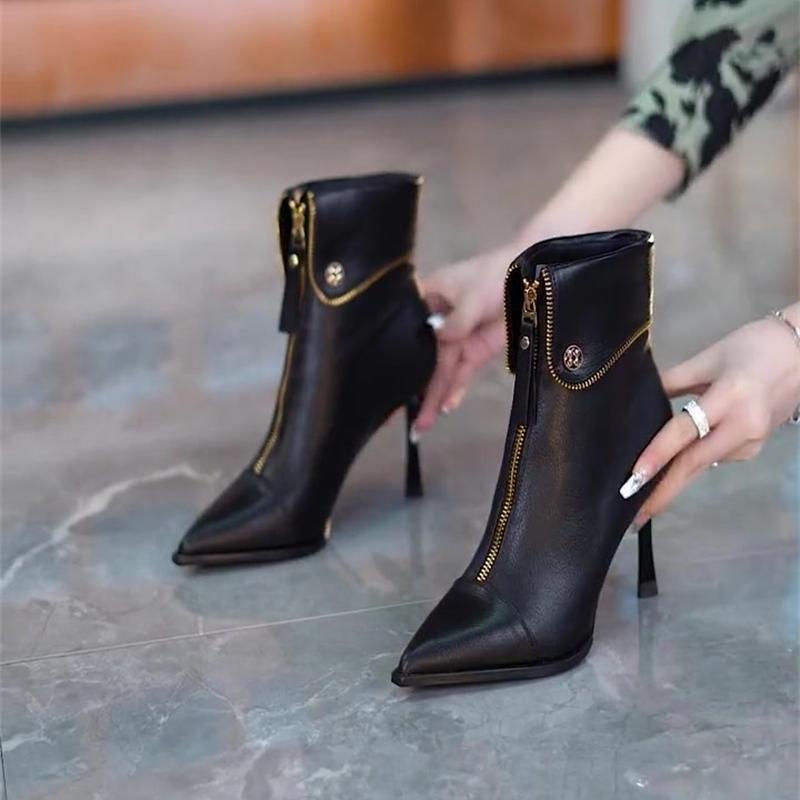 European and American litchi pattern metal rivet buckle thin heel thin boots women's boots 2022 autumn and winter pointed front zipper Martin boots 5OAK