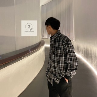 Sơ mi Flannel kẻ đen Basic Hàn Quốc