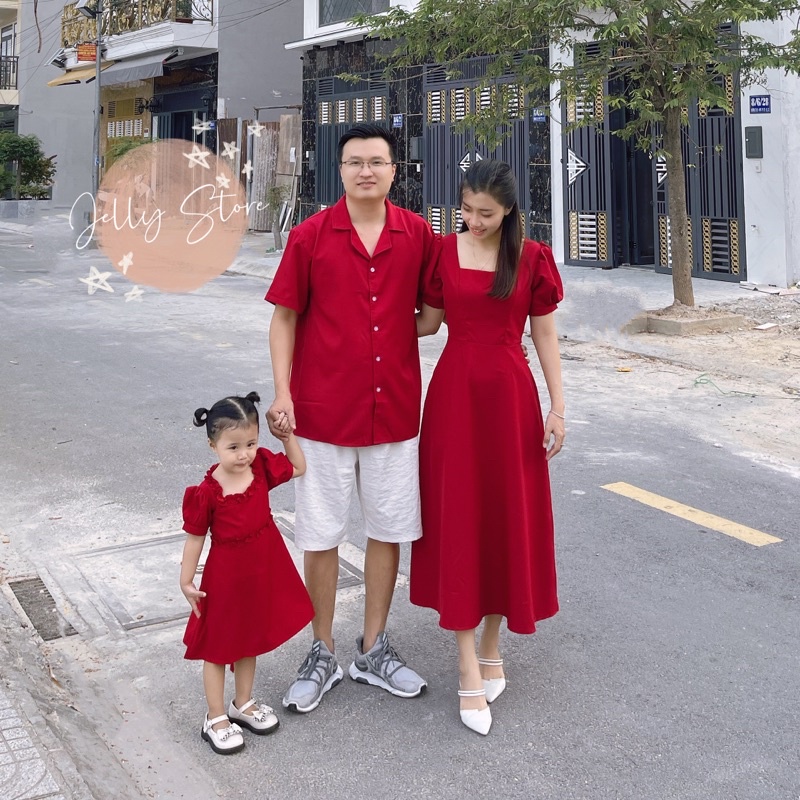 Set Gia Đình đỏ đô vintage trang nhã, váy bé bèo nhí kèm ảnh thật