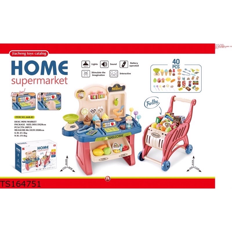 Đồ chơi bán hàng siêu thị kèm xe đẩy 40 chi tiết cho bé-quầy bán kem mini