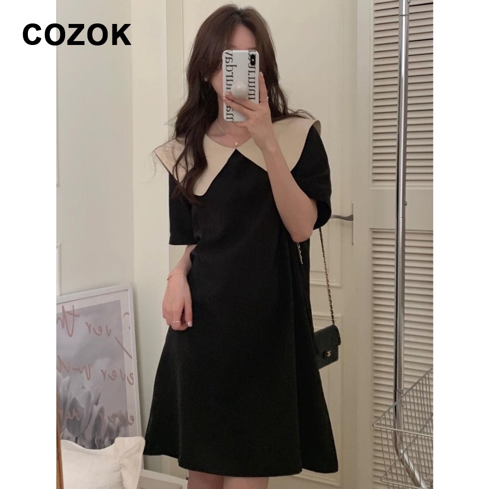 Đầm Chữ A Cổ Bẻ Màu Đen Phối Nơ Phong Cách Hàn Quốc Thời Trang Cho Nữ