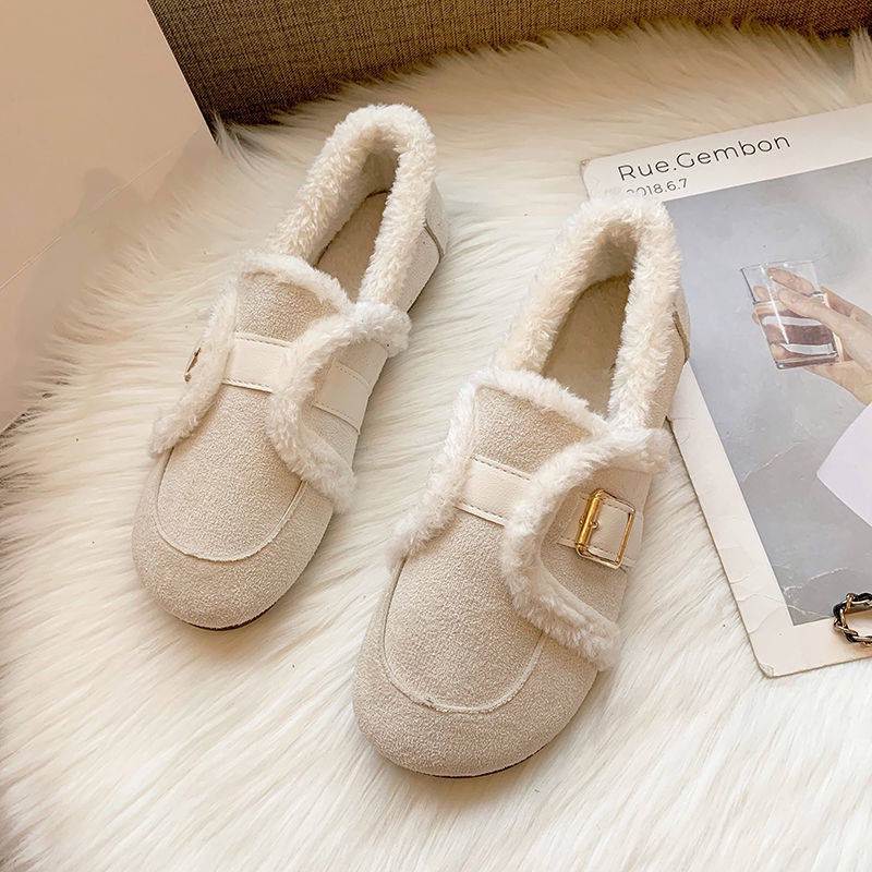 Giày đậu đạp một chân giày lông mẫu mới thu đông nữ giày bông tuyết đế bằng dễ phối ấm mặc ngoài chống trượt siêu mềm