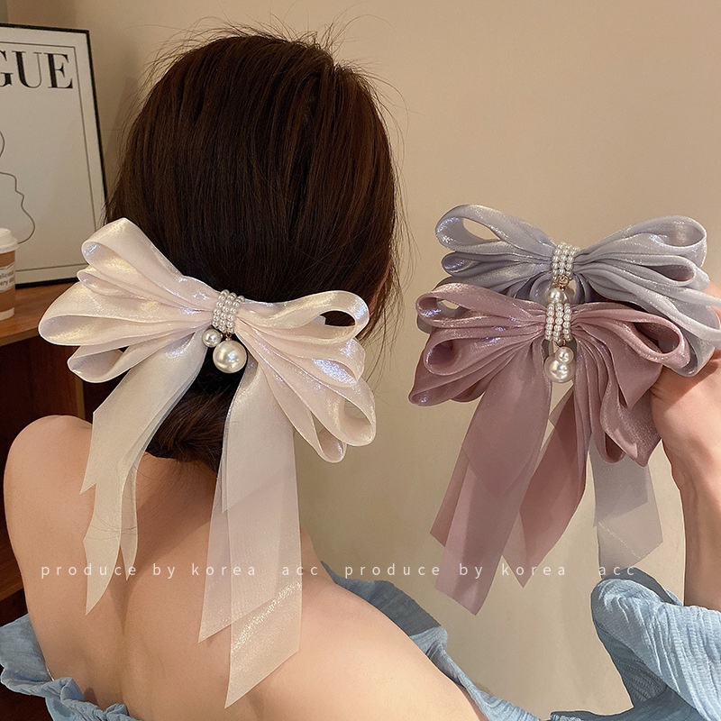 Kẹp Tóc Nơ Ruy Băng Satin Cỡ Lớn Đính Ngọc Trai Nhân Tạo Tinh Tế