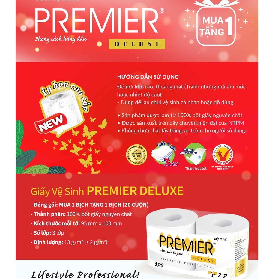 Giấy Vệ Sinh Premier Deluxe đóng cặp (10 cuộn/bịch) - Mua 1 tặng 1