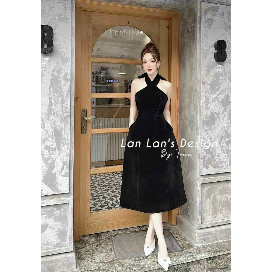 Đầm xòe dự tiệc cổ yếm cột nơ hai màu đầm đỏ đen sang trọng quyến rũ chất liệu nhung cứng lên dáng thời trang nữ VESTA