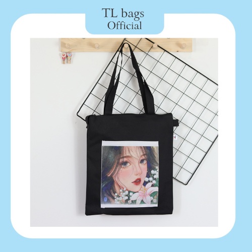 Túi tote, túi vải đeo vai, đi học đi chơi tiện lợi, màu đen dáng vuông, khóa kéo ngăn chính, in hình bên ngoài cute | BigBuy360 - bigbuy360.vn