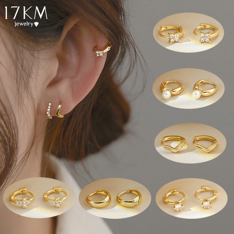 Khuyên tai 17KM mạ vàng/bạc hình chữ V đính ngọc trai thời trang dành cho nữ