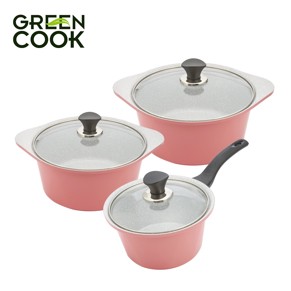 Bộ 3 nồi đúc ceramic vân đá chống dính đáy từ 18 cm, 20 cm và 24 cm Green Cook GCS02 màu hồng công nghệ Hàn Quốc