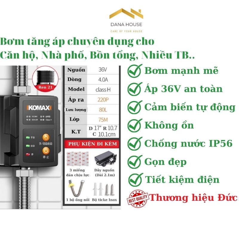Bơm Tăng Áp Lực Nước Nguồn Cho Căn Hộ, Nhà Cấp 4, Nhiều Thiết Bị Cùng 1 Tầng, Nguồn 36V An Toàn, Chống Ồn, Bền, Mạnh